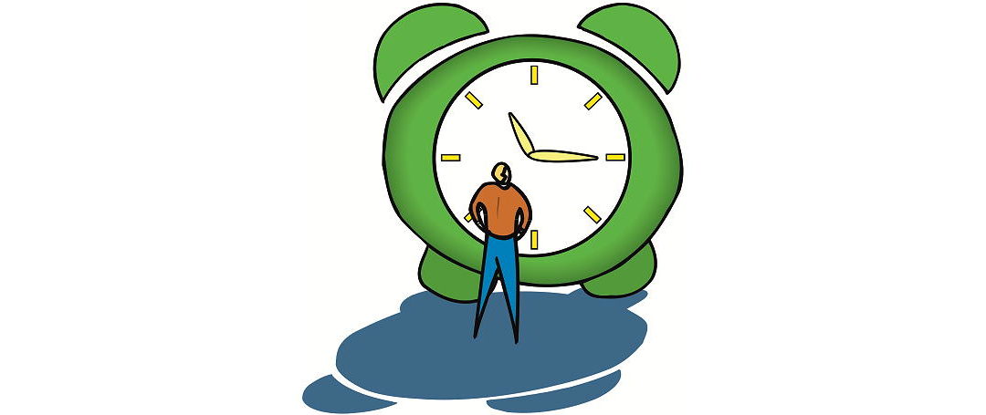 A cartoon of a man staring at a clock twice as high as he is.