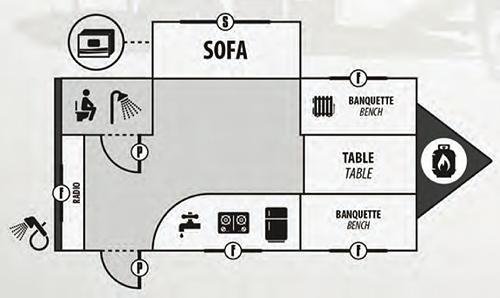 This shows the floorplan of the ProLite model "Plus" small trailer.