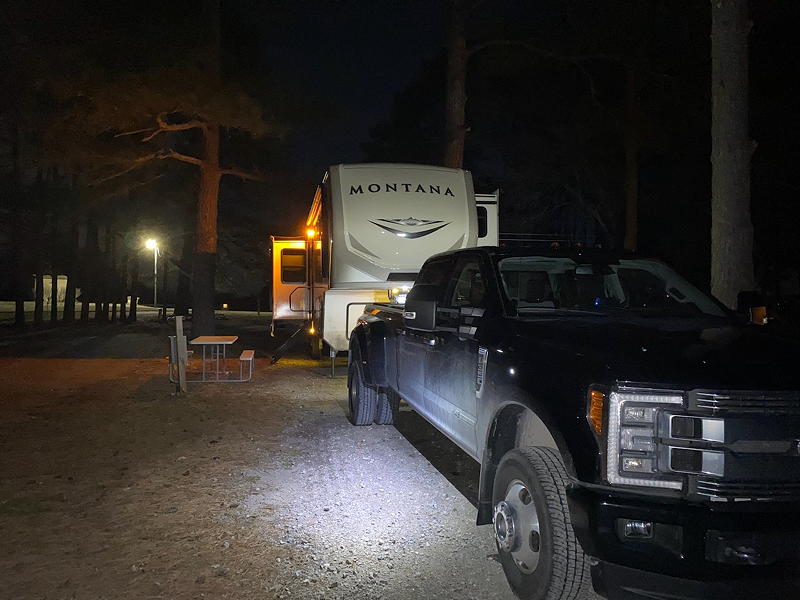 We have finally arrived at the Enfield / Rocky Mount KOA campground. We've uncoupled the trailer from the truck, leveled it, and it's set up for the night.