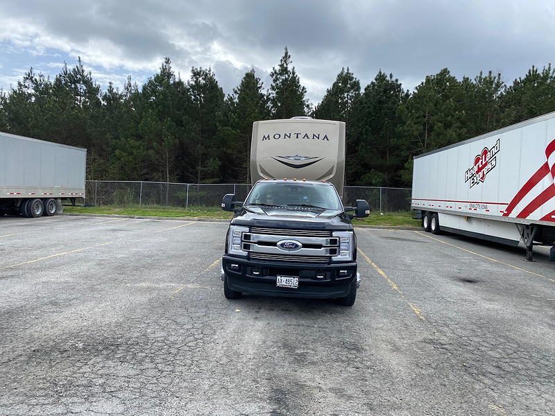 Scott once again backs the rig into a parking spot at a Love's Travel Stop.