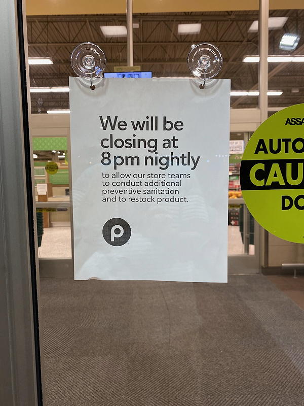 Now we're seeing real changes due to COVID-19 as the Publix next to our campground is closing two hours earlier than normal to allow time for thorough cleaning and restocking.
