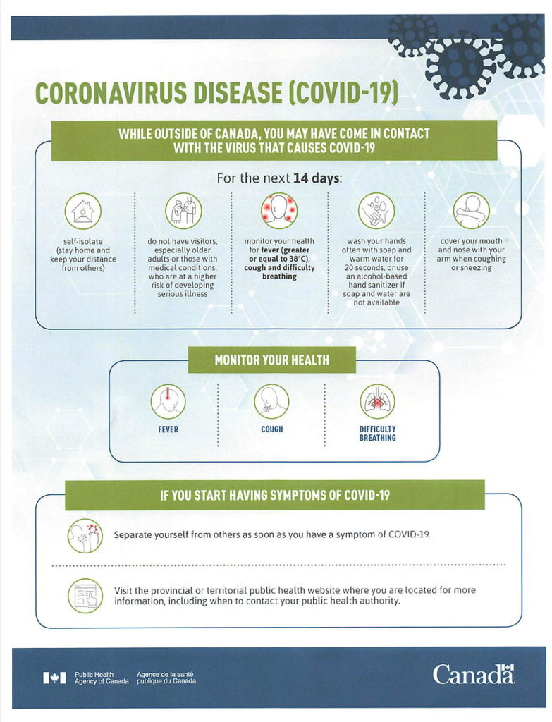 This was the front side of the Coronavirus Disease handout we received at the Canadian border.