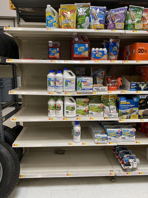 RV toilet paper is designed to disintegrate in the trailer's black tank that holds contents from the toilet. At the Walmart, t's in the automotive section, yet it was sold, too. COVID-19 has caused a lot of shortages!