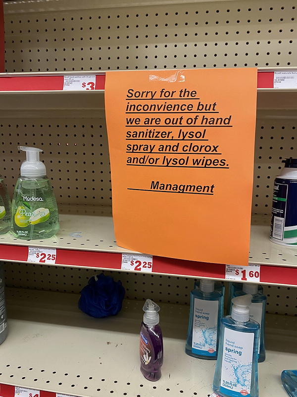 There were COVID-19 induced shortages of hand sanitizer everywhere we looked. This is a the Family Dollar store beside the Fort Pierce Downtown KOA campground.