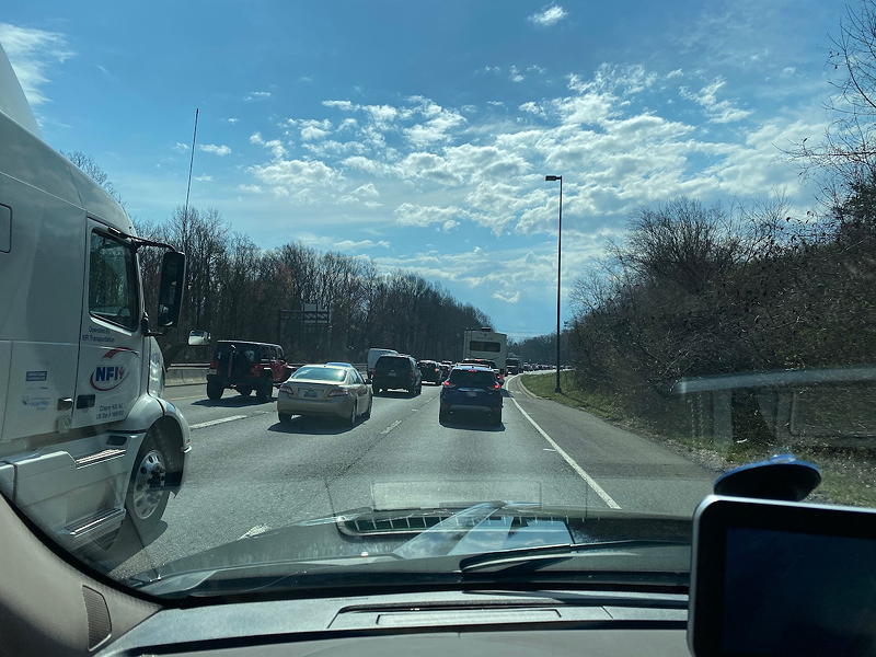 We lost about a half hour to this traffic jam in Bethesda, Maryland. A truck had lost part of its load and blocked two of the four lanes of the highway.